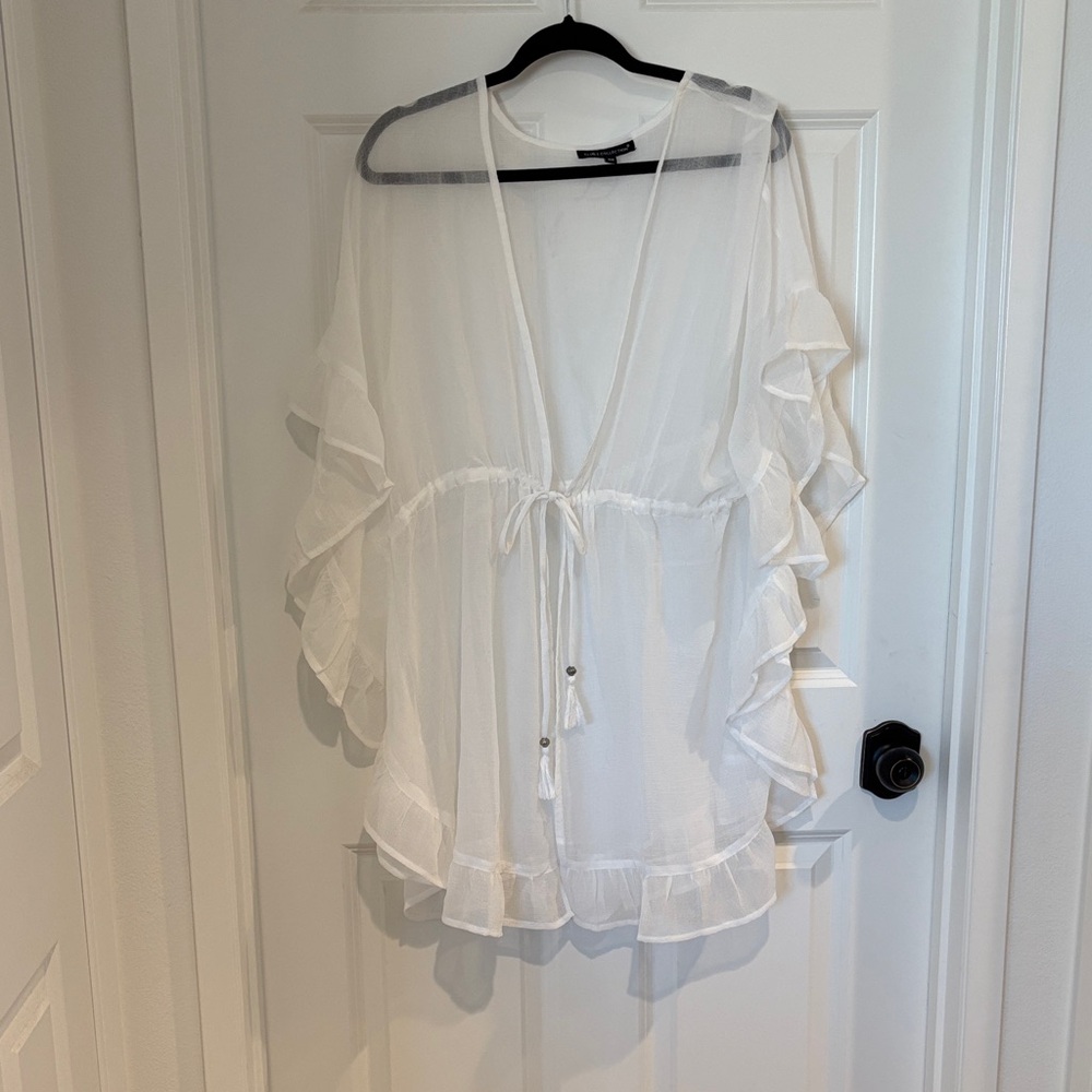 Chic White Ruffle Sleeve Swim Coverup